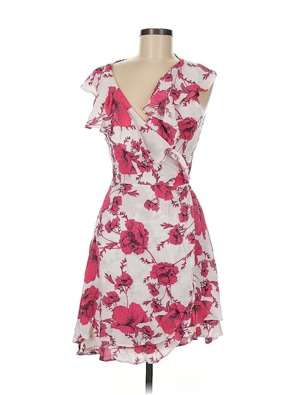Free People French Quarter Pink Red Floral Flutter Wrap Ruffle Mini Dress Size L